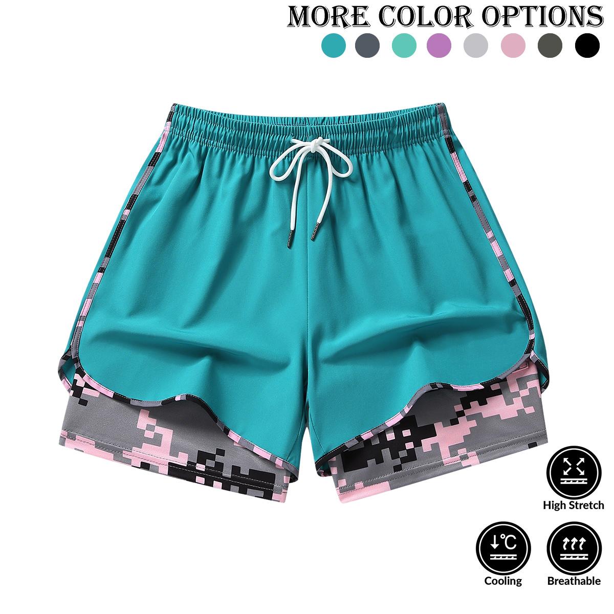 Women’s summer casual athletic shorts featuring a two-piece layered design with camouflage print, suitable for running and everyday workouts