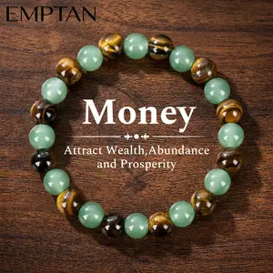 EMPTAN 1pcs Money Attraction Bracelet, Natural Green Aventurine & Tiger Eye Beaded Bracelet, Handmade Healing Crystal Bracelet for Men Women, Spiritual Jewelry Gift