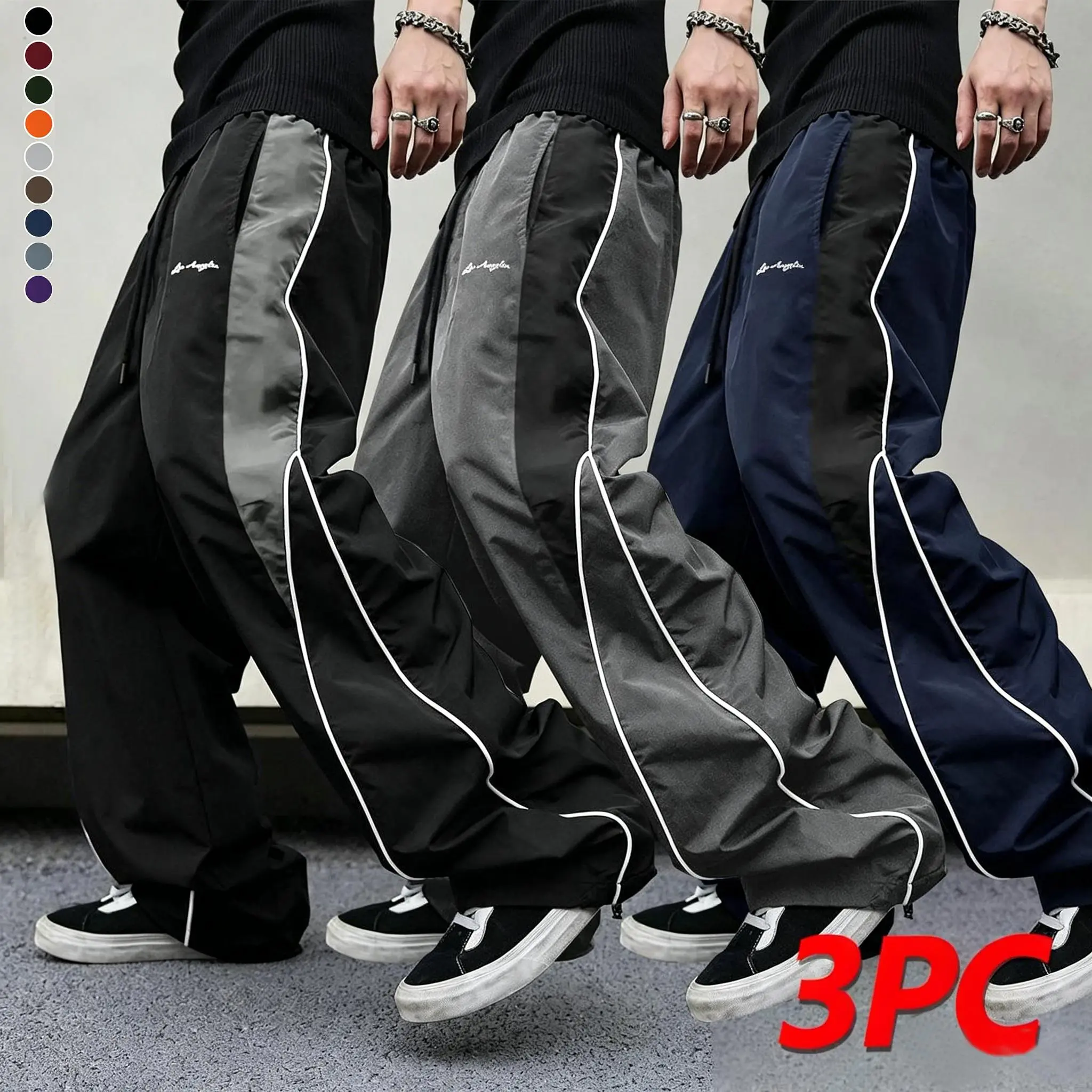 Men's high street style contrasting color splicing side striped tied wide-leg pants, American retro Los Angeles printed design loose drape sweatpants, multi-color optional thin casual pants are suitable for spring and summer wear