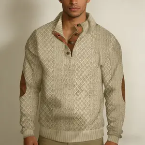 Men's Diamond Knit Pullover Sweater Casual Long Sleeve Stand Collar Button Knitted Sweaters