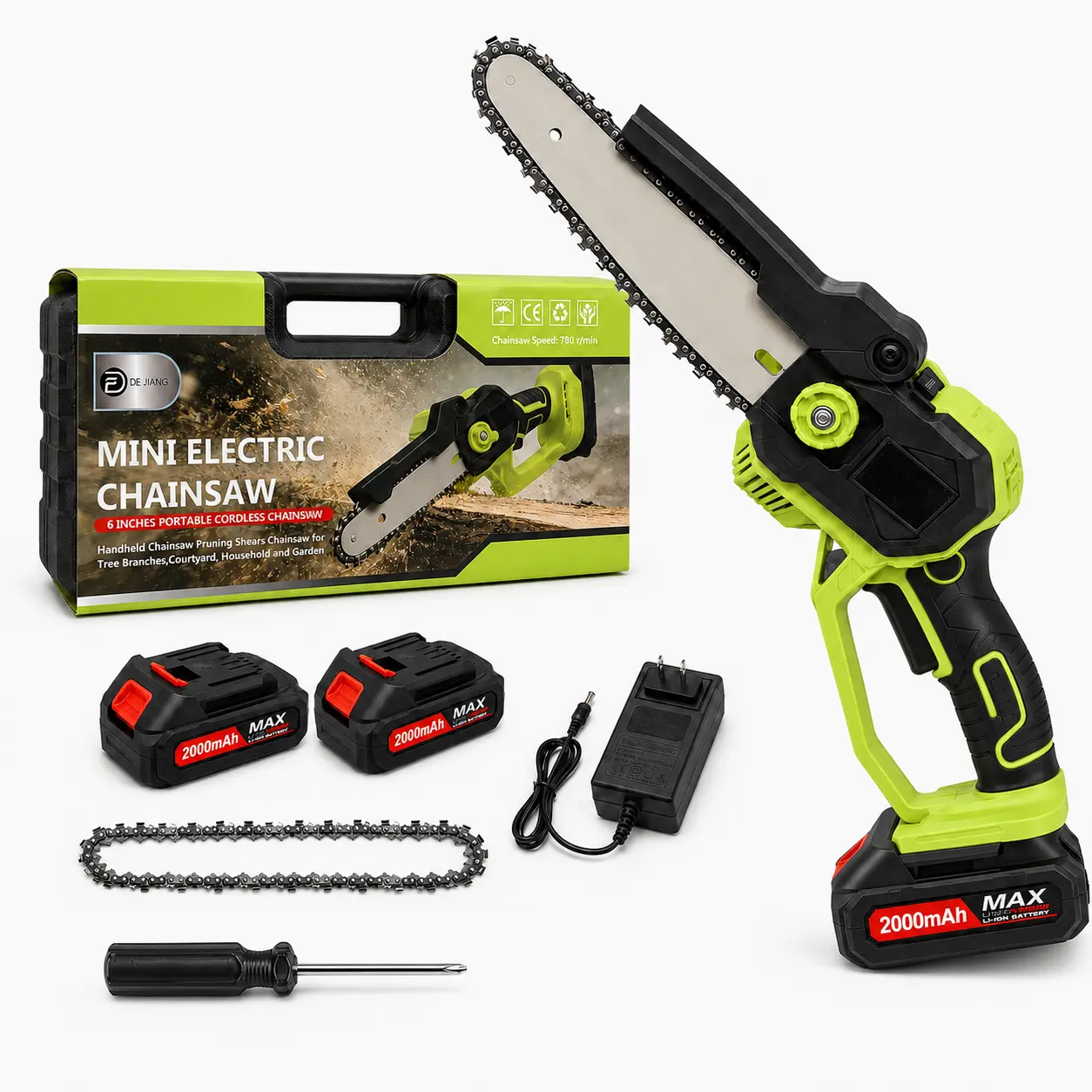 【2026 Upgraded】6-Inch Cordless Mini Electric Chainsaw with 2×2000mAh Batteries & Carrying Case, Rechargeable Handheld Pruning Saw for Wood Cutting, Garden Trimming，Party Gift