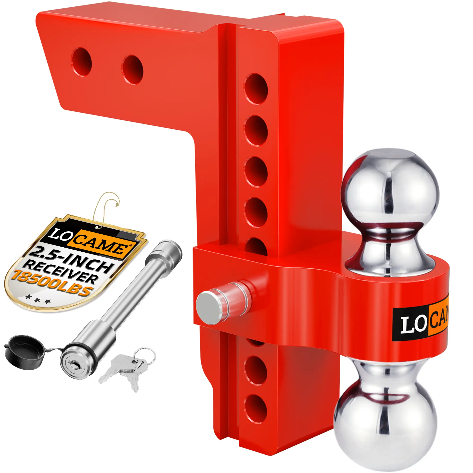 LOCAME Adjustable Trailer Hitch, Fits 2.5-Inch Receiver Only, 8-Inch Drop/Rise Aluminum Drop Hitch ,18,500 LBS GTW--Tow Hitch for Heavy Duty Truck with Double Stainless Steel Locks, Red,Cars accessories