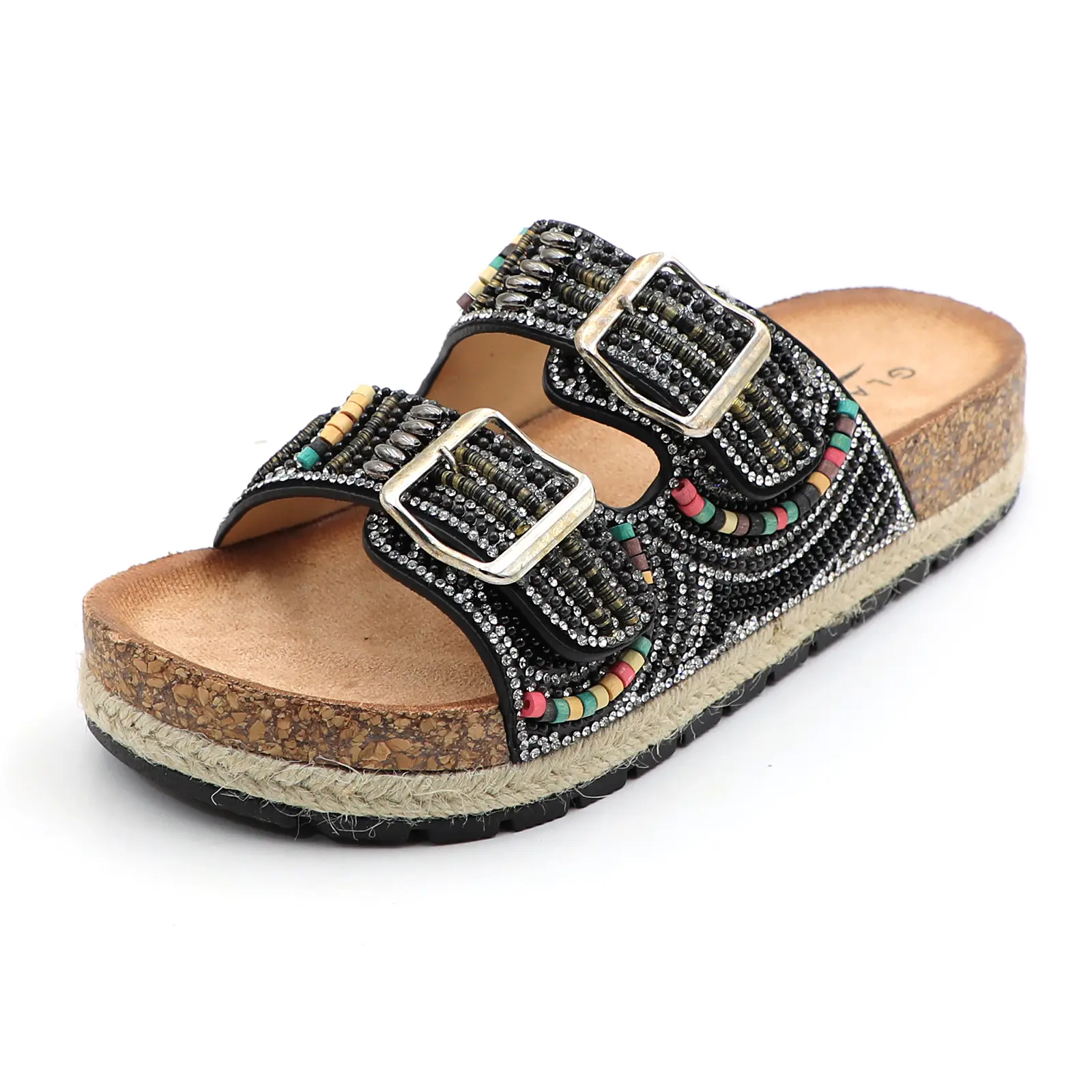 Women's Cork Footbed Flat Sandals Slides Open Toe Double Straps with Adjustable Buckle Slip On Summer Girl Fashion Comfortable Shoes Non-Slip Indoor Outdoor Footwear,Leather, Padded, Kitchen, Ballroom