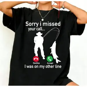 Humorous Fisherman TShirt Featuring Fishing Line and Phone Call Design Short Sleeve Tee for Men