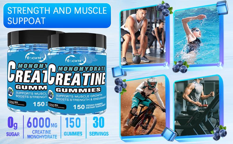 EOCUTE Creatine Monohydrate Gummies 5g per Serving for Muscle Strength Building Sugar-Free Vegan Blueberry Flavor 150 Count Amino Acids Nutritional Supplements