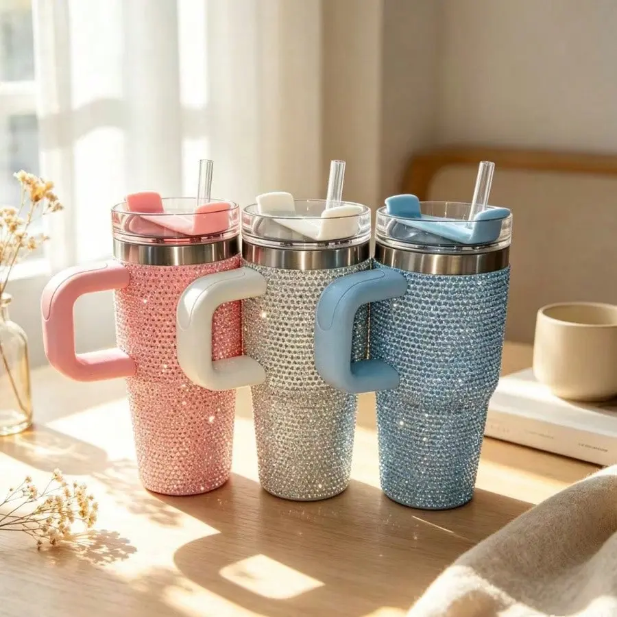 14 oz Bling Rhinestone Stainless Steel Insulated Tumbler - Leakproof Portable Vacuum Flask Mug with Lid, Straw - Sparkly Handheld Reusable Coffee Cup for Moms, Girlfriends - Ideal for Car, Office, Beach Gifts, Flasks