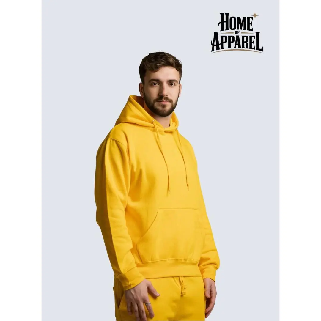 Men's Yellow Heavy Blend Plush Cotton-Polyester Fabric Pullover Hoodie, Streetwear Menswear Tops