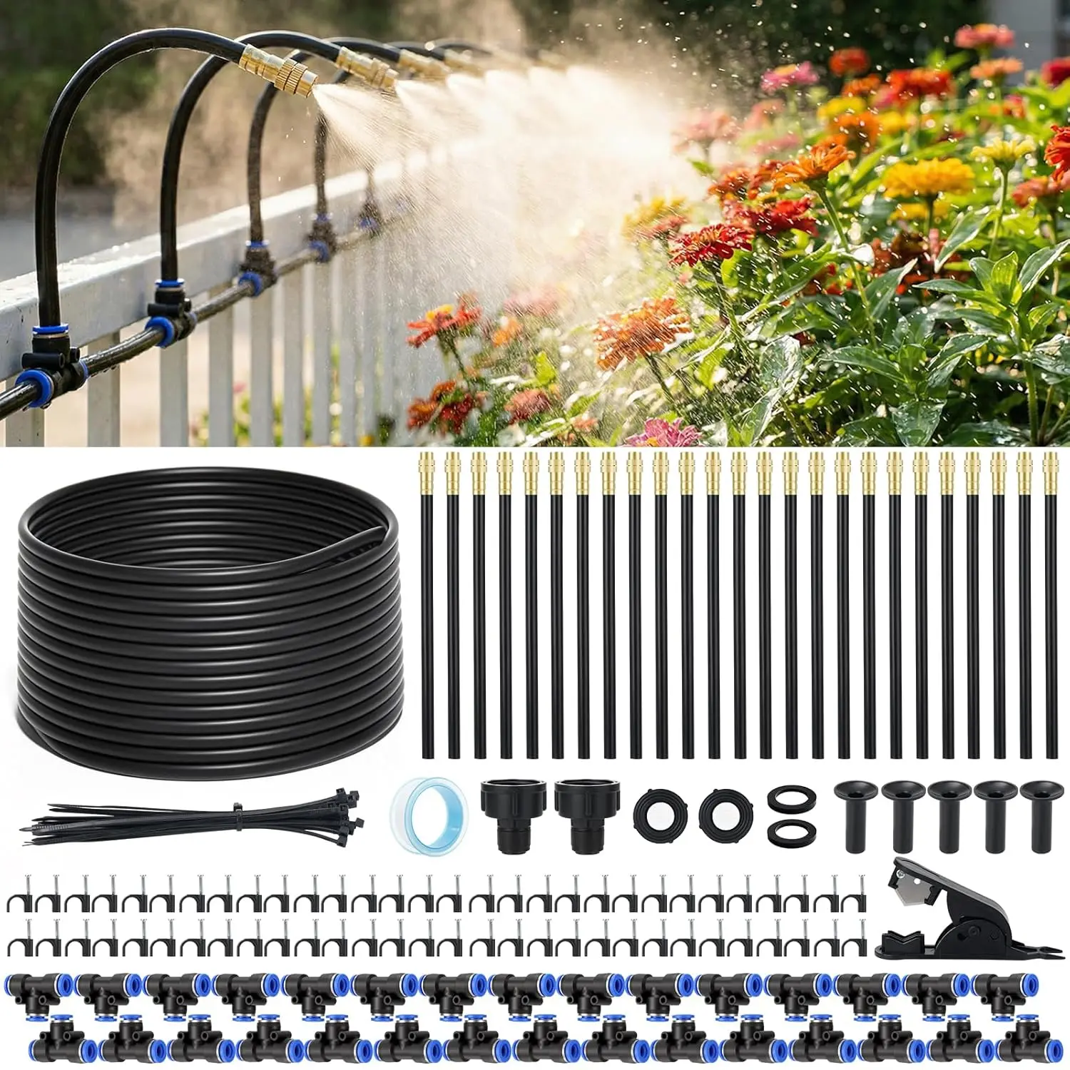 100FT Automatic Drip Irrigation System - Upgraded Garden Kit with 25PCS 360° Adjustable Copper Nozzles, Garden Drip Hose & Multi-Function Watering Equipment (Hose Attachment, Adjustable Spray Head, Automatic Sprayer, Floral) for Raised Beds, Drip Hose For