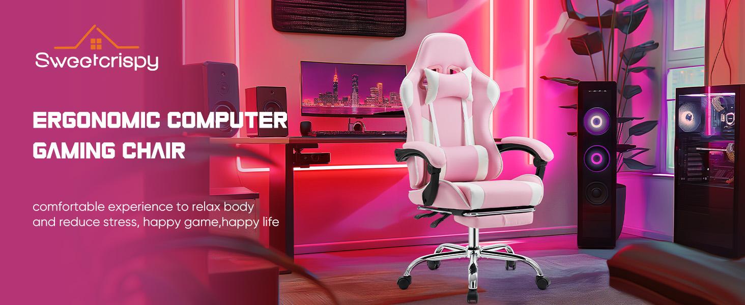 Height-Adjustable Gaming Chair with Footrest, 360° Swivel Seat, Headrest for Office or Gaming Use