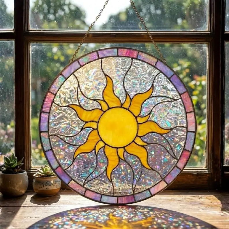 Tangled Sun Stained Glass Suncatcher, Floating Lanterns Window Hanging, Lost Princess Stained Glass Art