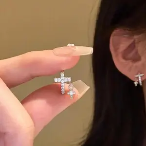 Oufer 2PCS Two CZ Cross Cute Hoop Earrings For Women