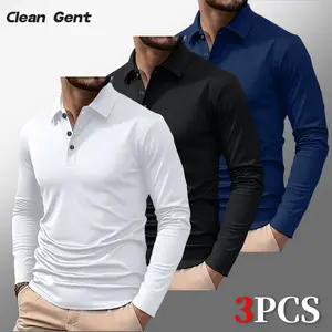 Clean Gent Men’s 3-Pack Long-Sleeve Polo Shirts, Quick-Dry Breathable Golf Sports Tops, Casual Turn-Down Collar T-Shirts, Regular Fit, Four-Season Everyday Wear for Men