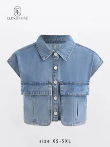 Elengatine Bohemian Style Cool Denim Vest with Rounded Collar & Wide Shoulders Slit Pockets Button-front Closure for Women's Autumn Fashion