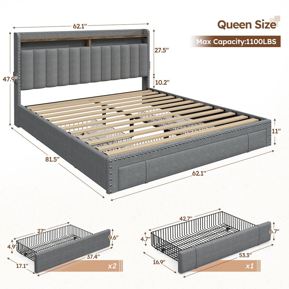 King Size Bed Frame with Storage & Headboard, Upholstered Queen or Full Size Divan Beds with Drawers & Shelves, Luxury Bed Frames- Modern Luxury Home Interior Furniture