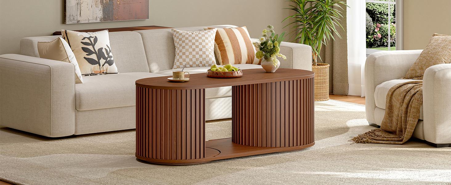 ONBRILL 47" Multi-Functional Coffee Table with Storage, Oval Coffee Table with Vertical Striped Sliding Door & Round Base, Mid-Century Modern Center Table with Adjustable Shelf for Living Room ONBRILL 47" Multi-Functional Coffee Table with Storage, Oval Coffee Table with Vertical Striped Sliding Door & Round Base, Mid-Century Modern Center Table with Adjustable Shelf for Living Room