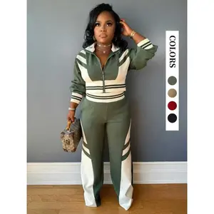 Women's Colorblock Print Zip Up Crop Jacket & Pants Two-piece Set, Casual Matching Set, Casual Fashion Cozy Breathable Two Piece Outfits for Daily Outdoor Wear, Women Clothes for Fall & Winter