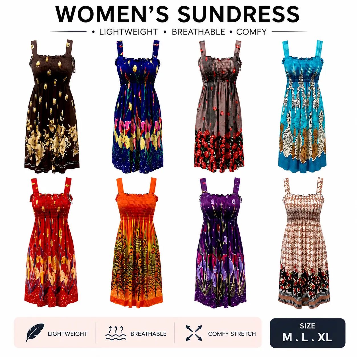 12PCS Women’s Lightweight Casual Sundress, Summer Beach Dress, Assorted Colors & Patterns, Sizes Run Small
