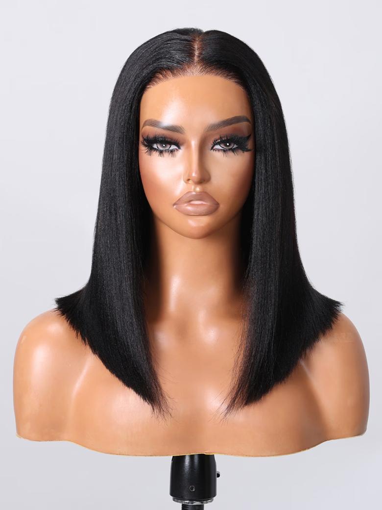 UNice Glueless Yaki Straight Short Bob Wig with Drawstring Pre-cut 7x5 HD Lace Human Hair Wigs with Bleached Knots Beginner Friendly Natural Hairline