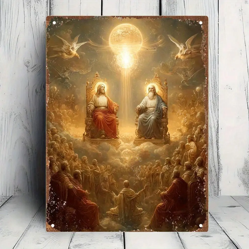 [Aluminum plate signboard]1pc Holy Trinity Religious Wall Art - Vintage Christian Metal Decor with God the Father, Jesus, Holy Spirit - Golden Heavenly Throne Scene - Pre-Drilled Holes for Home, Church, Office, Prayer Room - Spiritual Gift for Christians,