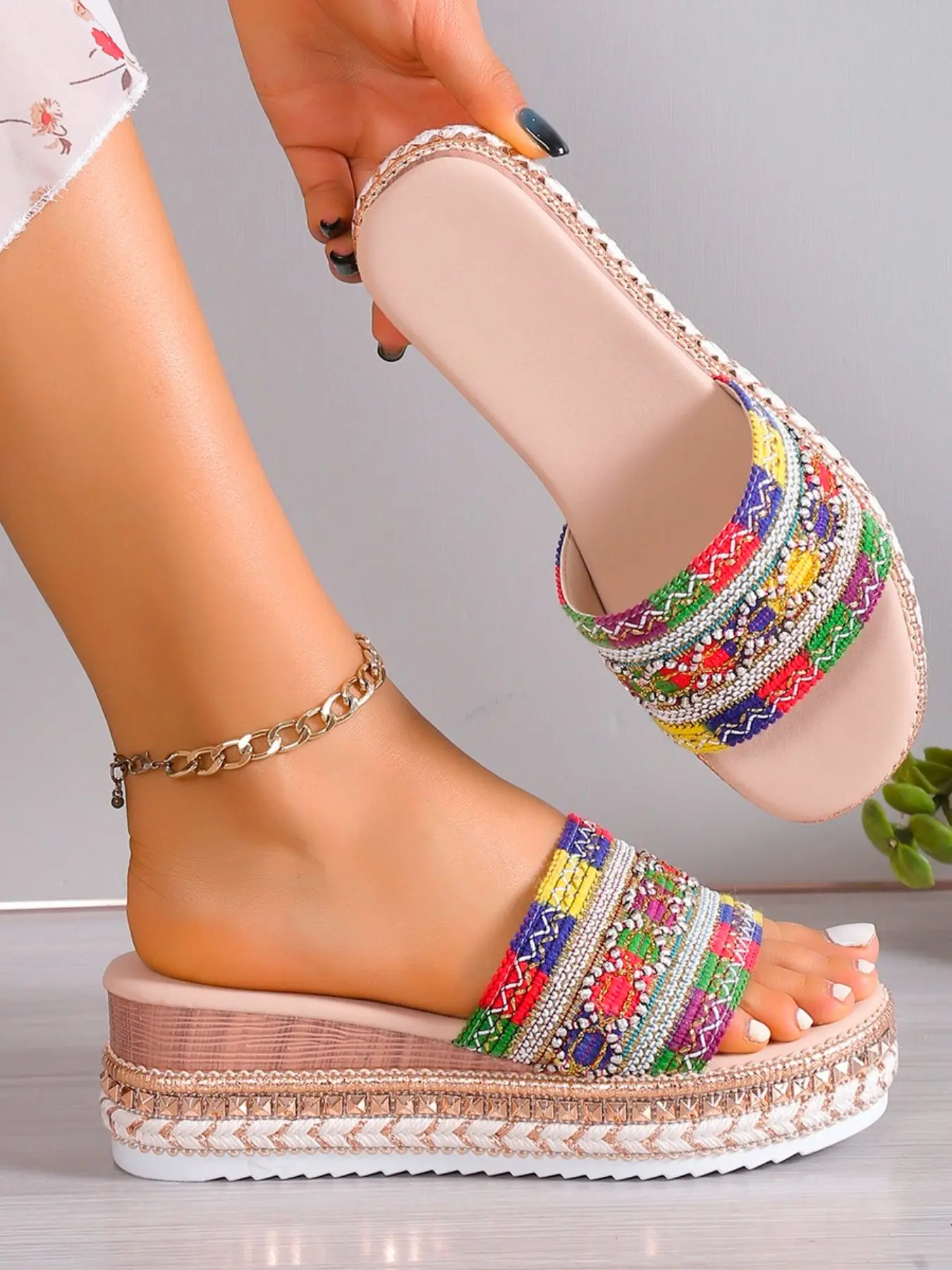 Boho Rainbow Thick Sole Sandals, Cute Woven Straw Bottom Wedge Sandals, Comfortable Summer Footwear, Stylish Casual Shoes for Women
