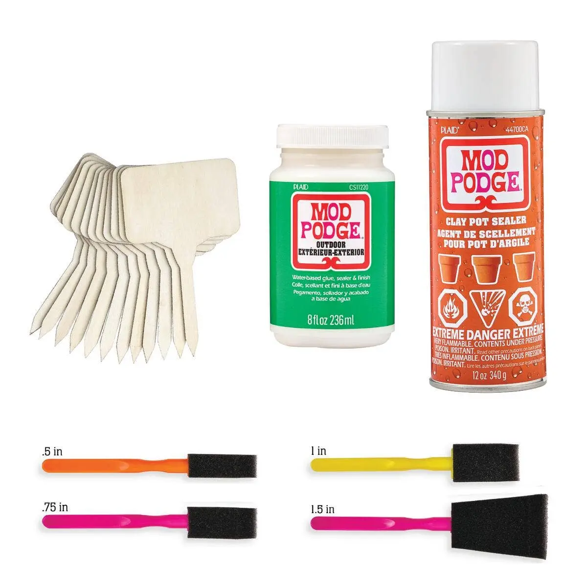 Mod Podge® Clay Pot Outdoor All-in-1 Kit - MPEC102, 12 oz, 8 oz, Clay Pot Sealer, 12-Pack Plant Pokes, 4-Piece Foam Brush Set, Easy Cleanup, Wedding Table Markers
