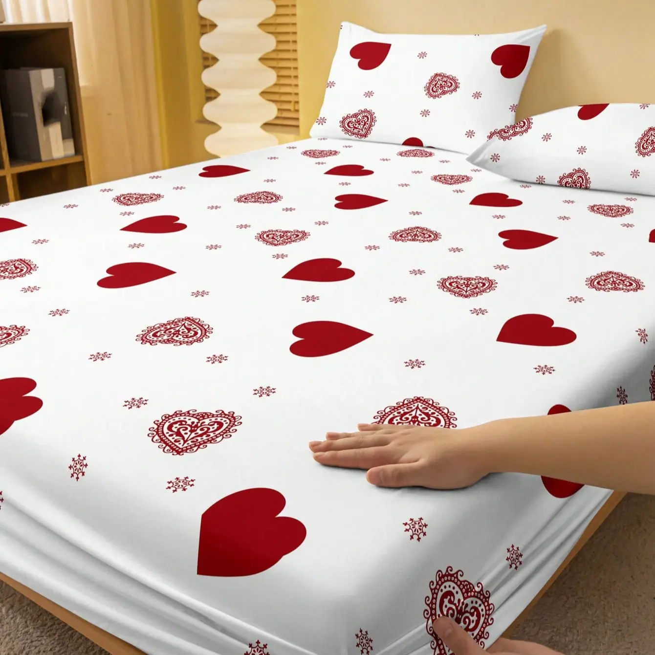 3-Piece Heart Pattern Bedding Set, Modern Style Fabric Sheet & Two Pillowcases, Soft Anti-Wrinkle Breathable, Home Decor, Cute Bedding, Soft Bed Sheets, Bedsheet Sets