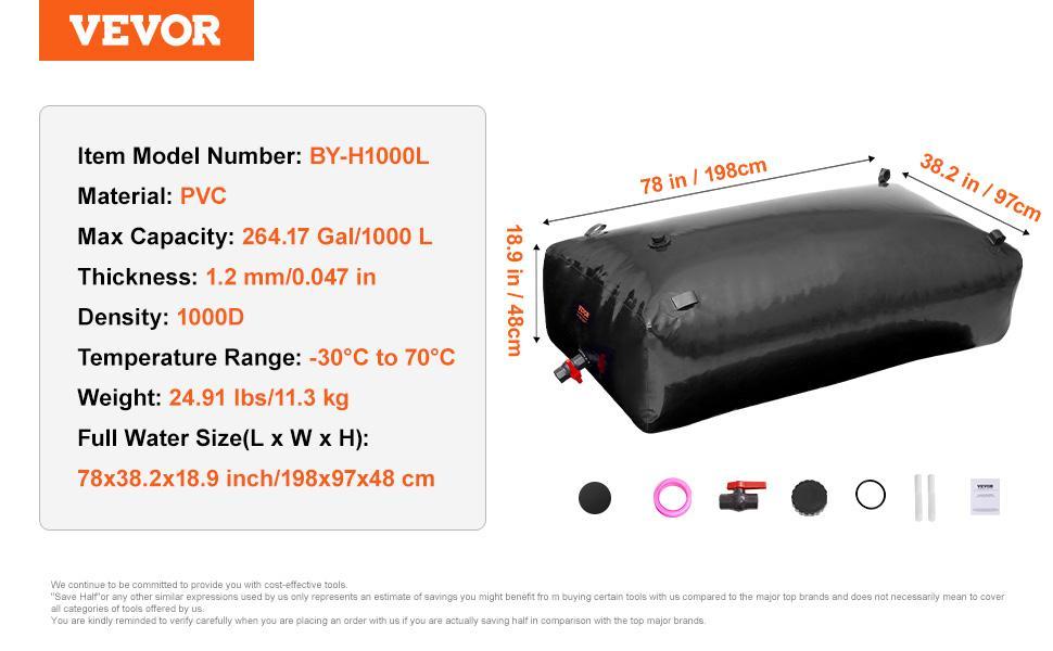VEVOR Water Storage Bladder, TikTokShopBlackFriday, Max. 1000L/264 Gallon RV Water Tank, 1000D PVC Collapsible Water Storage Containers, Large Capacity Soft Water Bag, Portable Water Bladder, Fire Prevention, Camping
