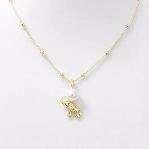 Gold Chain with Decorative Beads and Small Elephant Pendant 18 inch  High-Quality Laminated for Daily Use Perfect Gift