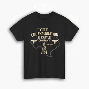 CTT Oil Exploration and Cattle Company Texas T-Shirt, Western Ranch Sunset Graphic Tee, Oilfield Worker Shirt, Rustic Cowboy Aesthetic Unisex Cotton T-Shirt