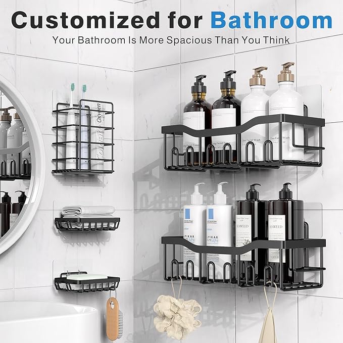 Rustproof Shower Caddy 5 Pack - Efficient Bathroom & Kitchen Storage with Shower Shelves, Durable & Easy to Clean, Black, Grey & Stainless Steel 3Pc-Black, Self-Adhesive Wall-Mounted Shower Caddy, Stainless Steel L-shaped