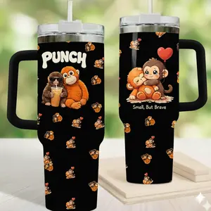 Little Punch Big Heart Tumbler 40oz, Cute Monkey Stainless Steel Travel Mug with Handle, Inspirational Gift Cup for Mom Dad Kids
