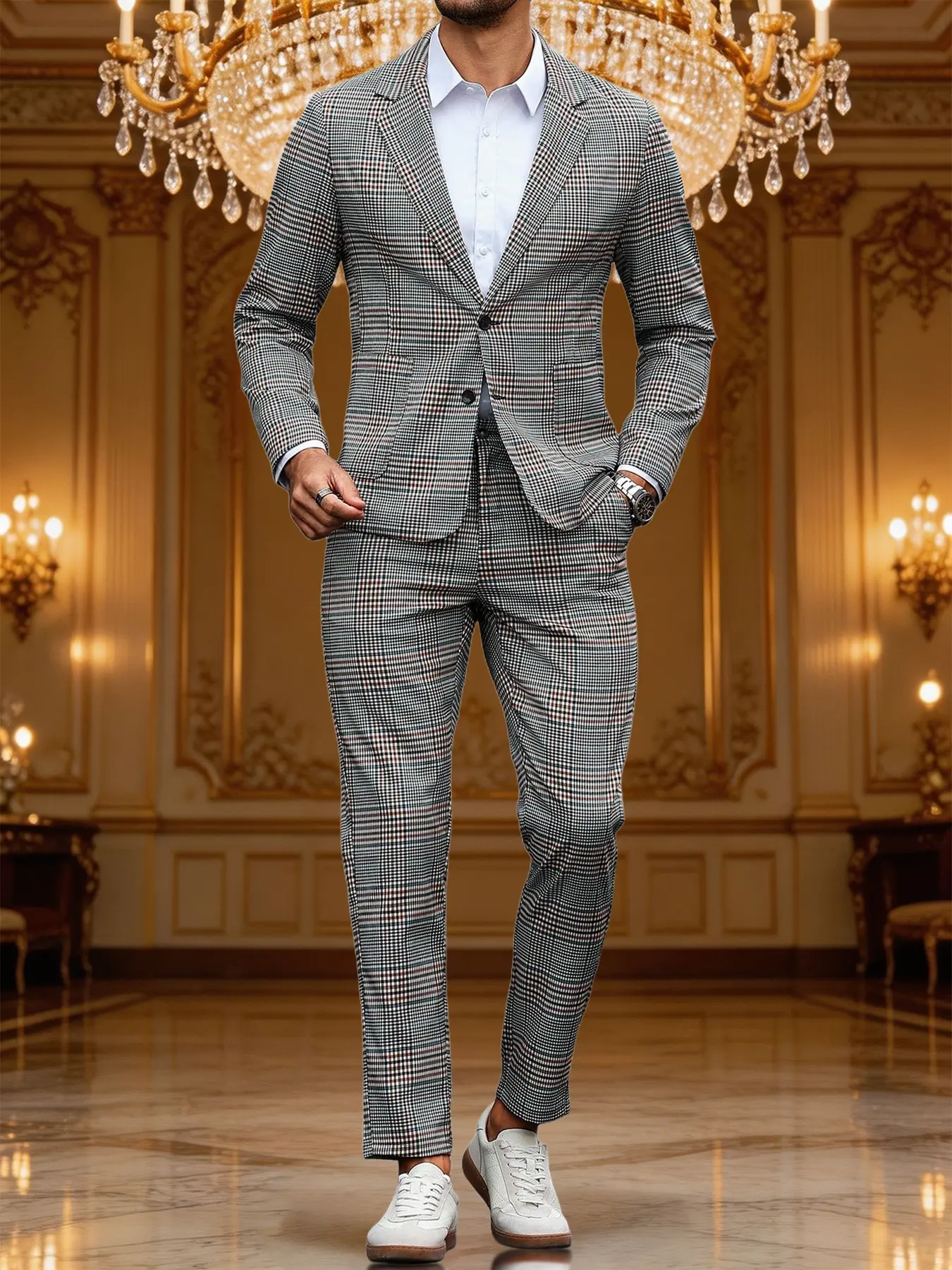Men's Vintage Houndstooth Blazer Set Suits, Single Button Casual Jacket + Fitted Pants, Wrinkle-Resistant Fabric, Business & Daily Wear