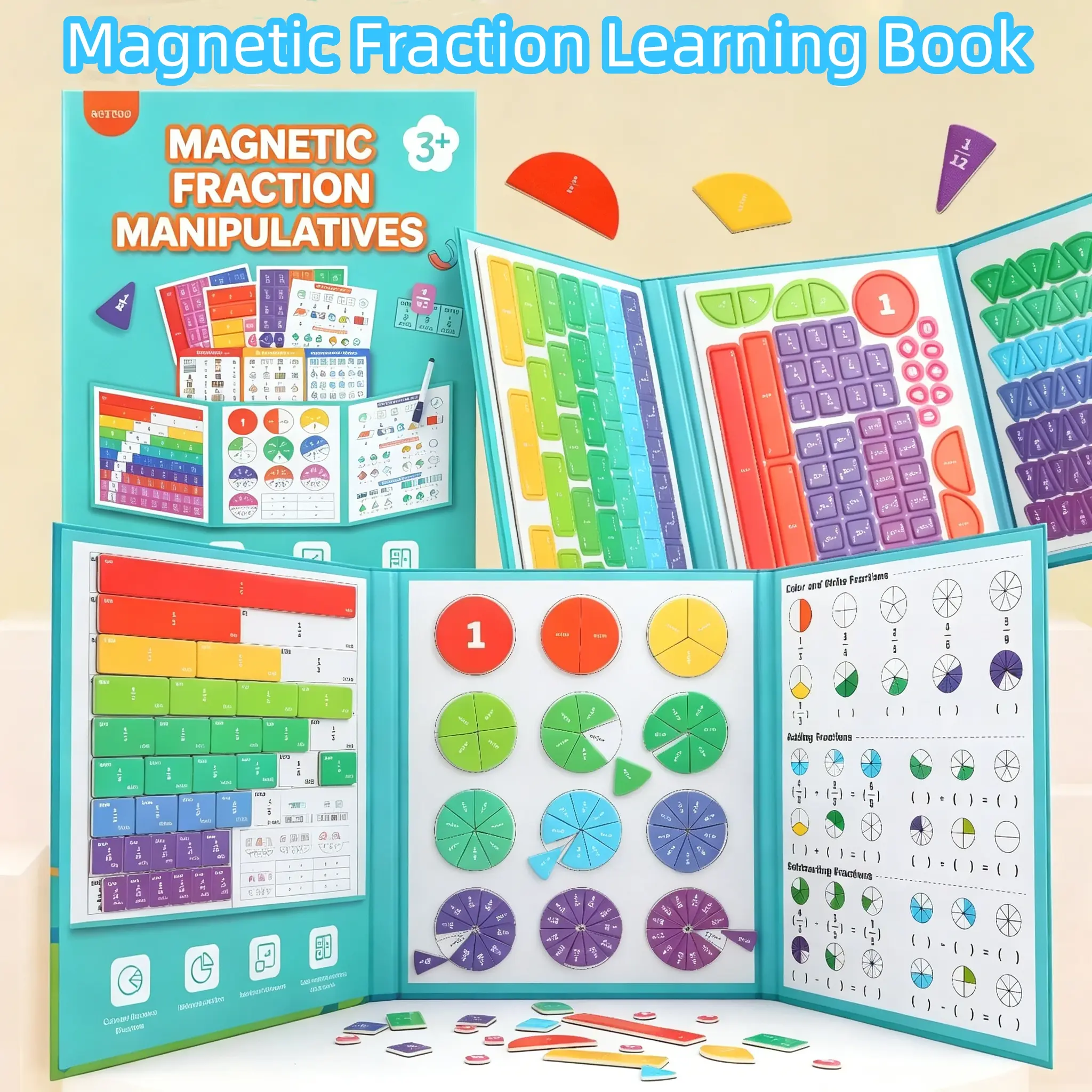 Magnetic Fraction Demonstration Book, 1 Set Math Teaching Aid Basic Arithmetic Operations Learning Toy Gift, School Supplies, Learning Materials, Interactive Visual Learning Tool for Kids