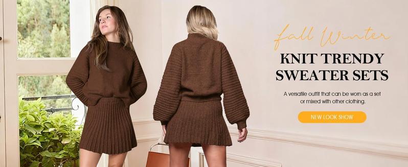 Imily Bela Christmas Women's 2 Piece Outfits Long Sleeve Mock Neck Ribbed Sweaters And Mini Skirt Two Piece Sets