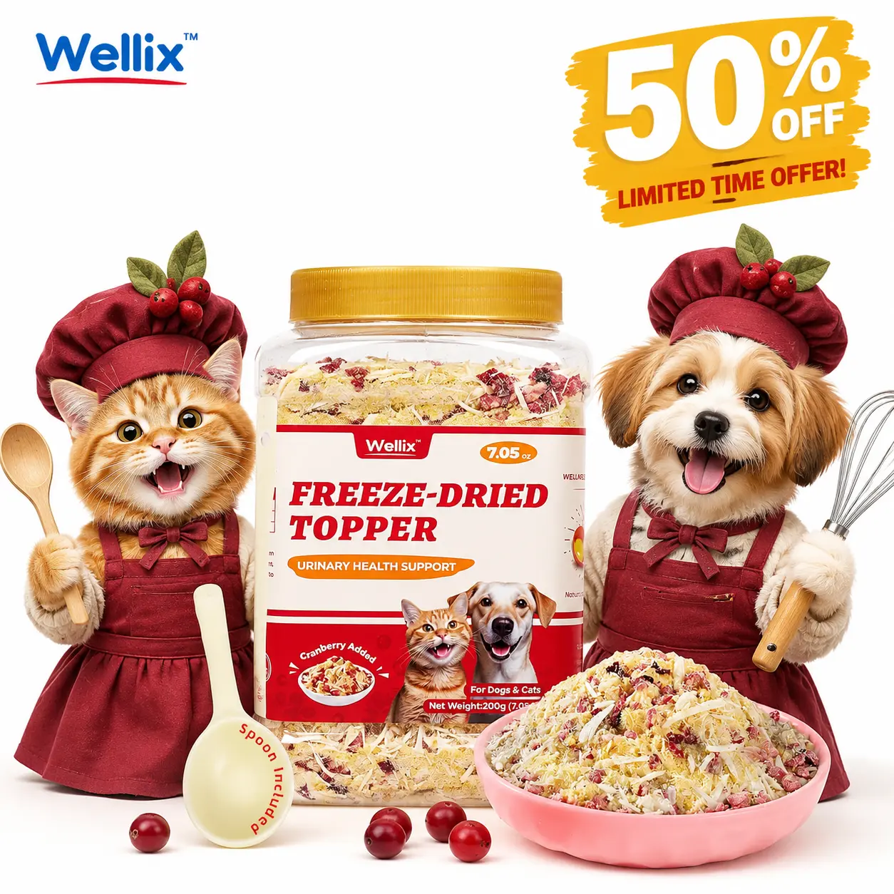 Wellix 7.5oz Dog & Cat Cranberry Added Food Topper - Chicken, Egg Yolk, Cranberry | Freeze Dried Chicken Formula | Low Calorie | Support Kidney, Bladder & Urinary Health | 100% Natural, Nutritious, Yummy
