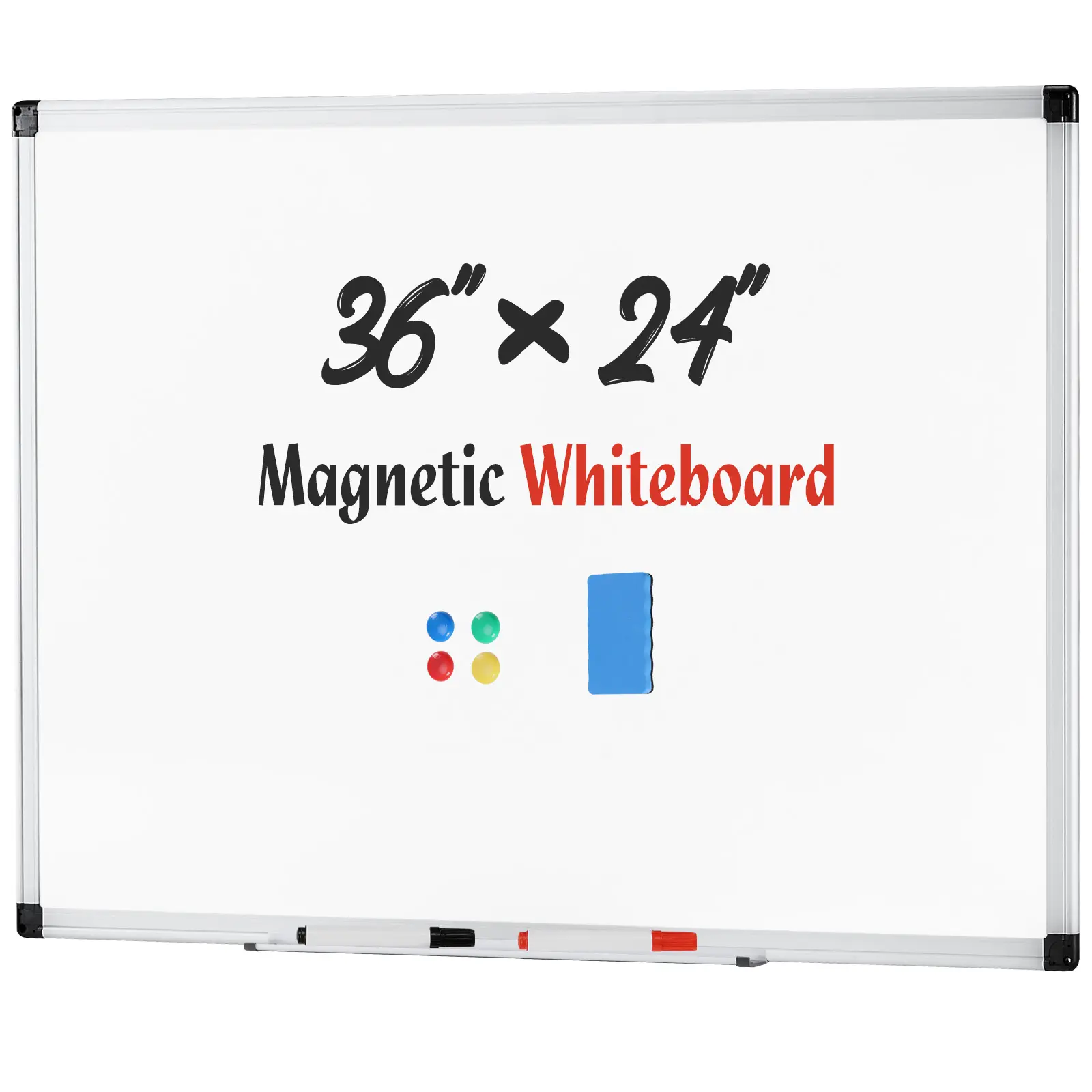 Magnetic Dry Erase Board, White for Home Office School,1 Dry Eraser & 2 Dry Erase Markers & 4 Push Pin Magnets Learning Tool Learning Set