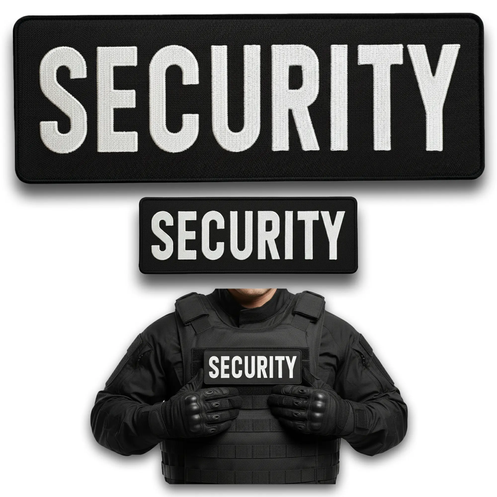 Security Patch Set – 2Pcs Black Embroidered Hook-and-Loop Tactical Patches 3.5x9.8 & 1.8x4.9 In