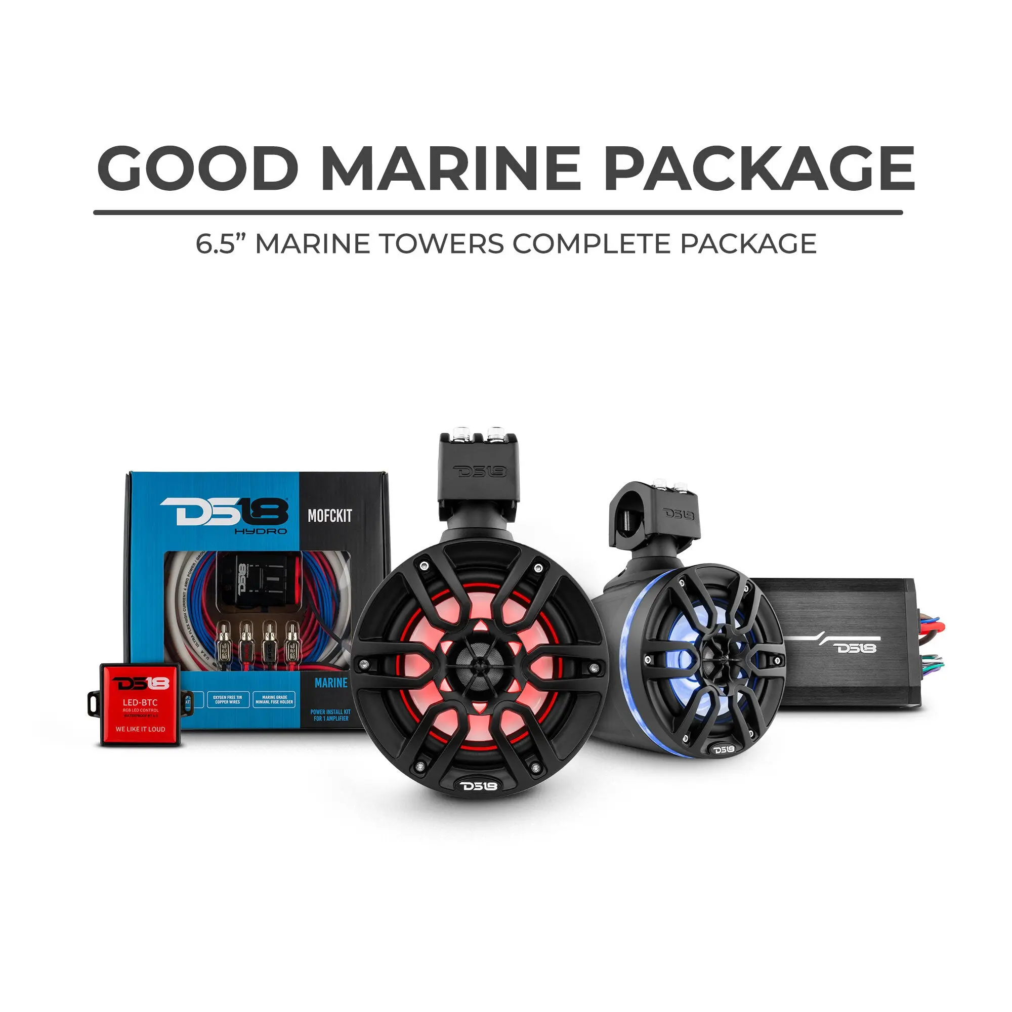 DS18 Waterproof Marine Audio Equipment Package - 6.5” Tower Speakers (2), 2-Ch Amplifier (1), MOFCKIT4 (1), LED-BTC Lights, Android & Smartphone Integration, Remote Control, Audio Protection