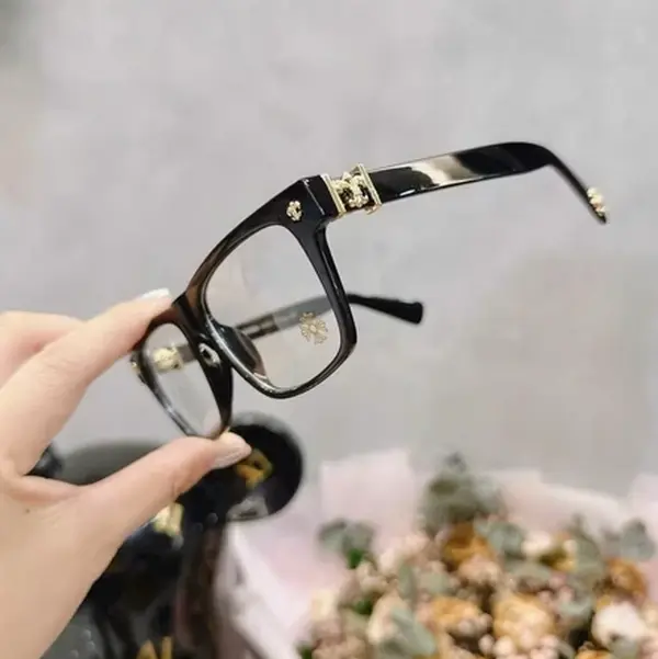 High-End Chrome Hearts Square Eyeglass Frames for Men & Women, Luxury Black Gold Cross Detail Optical Glasses, Premium Designer Style Unisex Frames with Leather Case