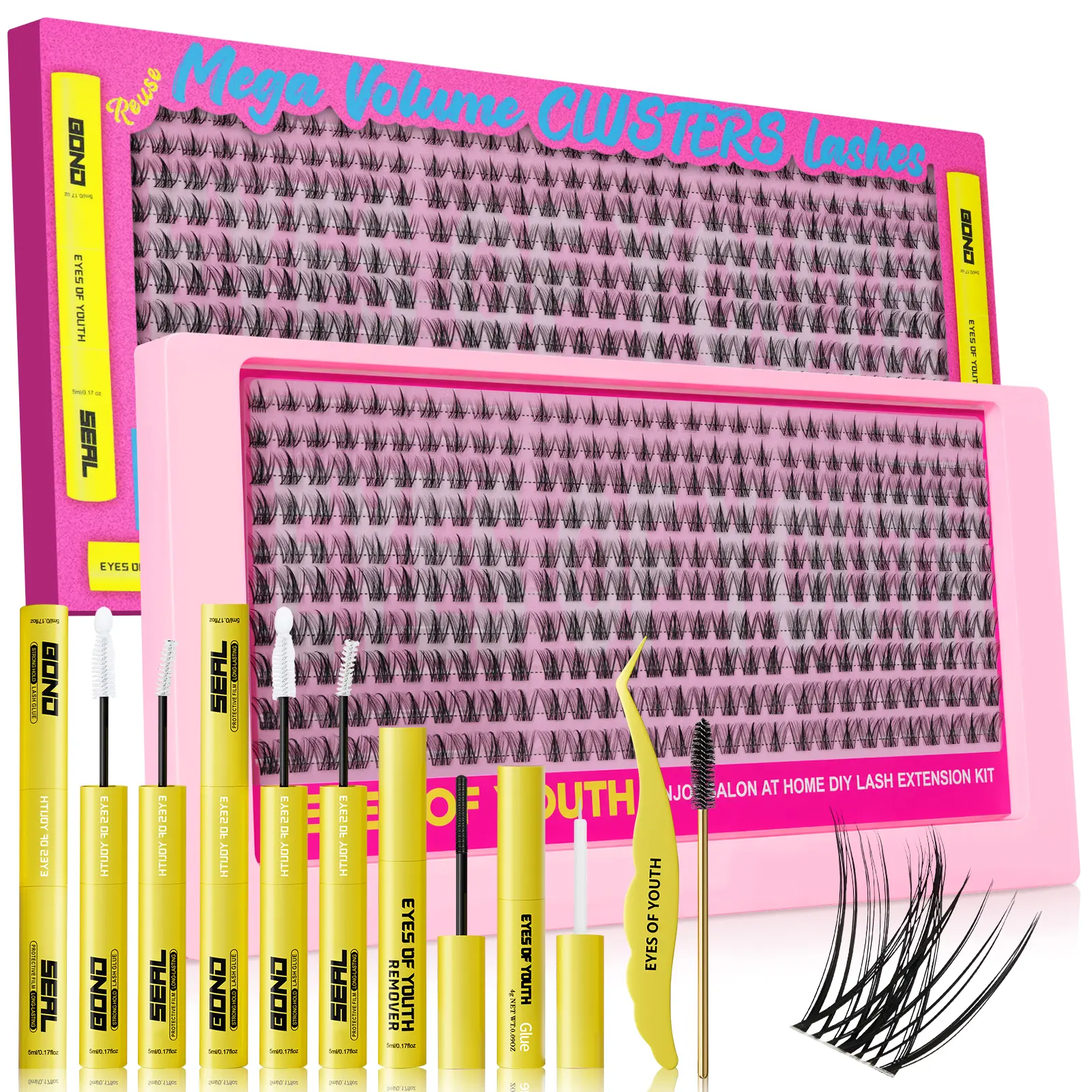 EYES OF YOUTH Spiky Lash Clusters  with Waterproof Lash Bond and Seal, Remover,Tweezers, Brush,Natural Lightweight Eyelash Extensions for 10-16mm, Daily Makeup,back to school