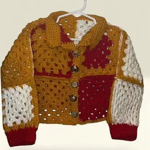 Crochet Sweater Jacket - Colorful Knitted Design with Button Closure and Unique Patchwork Pattern
