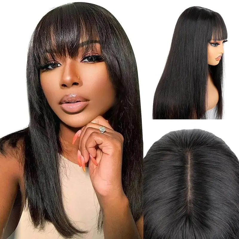 [New In]Mamushow Straight Wigs with Bangs Human Hair 2x4 Lace Wig with Drawstring 180% Density Middle Part for Black Women Glueless Machine Made Wigs