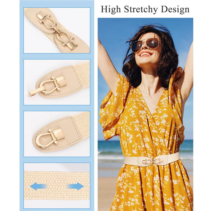 AWAYTR Women Boho Braided Belt Elastic Waist Ladies Straw Belts Metal Buckle Breathable Belt for Dress 2Pcs/Set TikTokShopBlackFriday