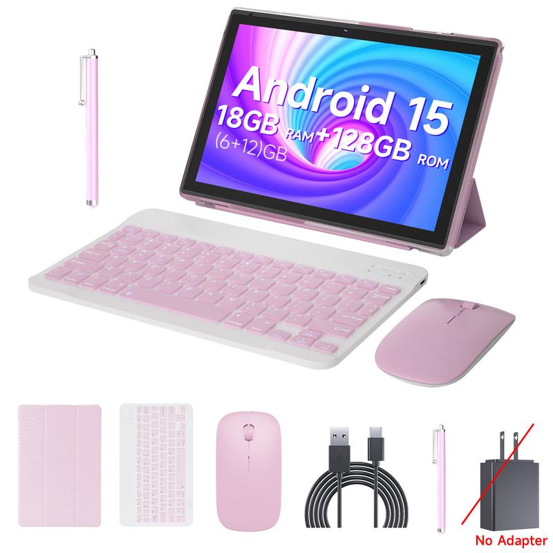 TikTokShopJumpstartSale,PEICHENG Android 15 Tablet 10.1" 18(6+12)GB RAM 128GB ROM Dual Camera Bluetooth Keyboard Mouse Stylus 2.4G/5G,For Valentine's Day Gift WiFi Type-C Charging Large Storage Portable Cellphone Smartphone PINK
