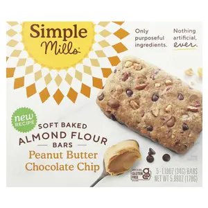 Simple Mills Soft Baked Almond Flour Bars, Peanut Butter Chocolate Chip,  5 Bars, 1.19 oz (34 g) Each