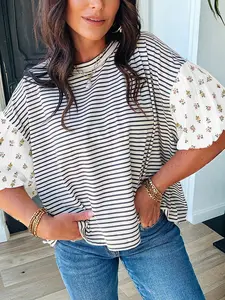 Women's Black Stripe Floral Puff Sleeve Patchwork Round Neck Loose Top, Casual Summer Cotton Shirts for Women, Boho Flowy Short Sleeve Blouses, Relaxed Fit Basic Striped Tee Streetwear Crewneck Streetwear Tshirt Tshirt