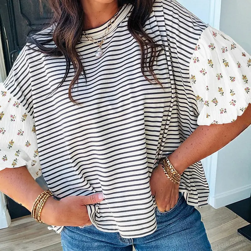 Women's Round Neck Short-Sleeve Striped Floral Patchwork Puff Loose Tshirt - Cute Trendy Clothes, Easy Layering Summer Streetwear Tops