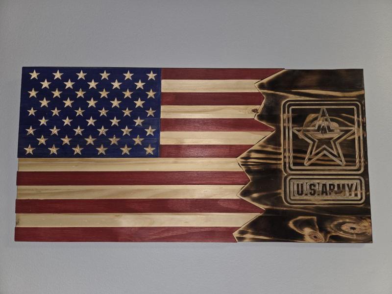 Hand Carved Rustic Wood US Flag & Army Emblem - 12"x24"