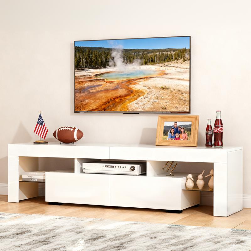 63'' LED TV Stand High Glossy Modern Entertainment Center with LED Lights and Storage for 55/60/65/70 Inch TV White Finish