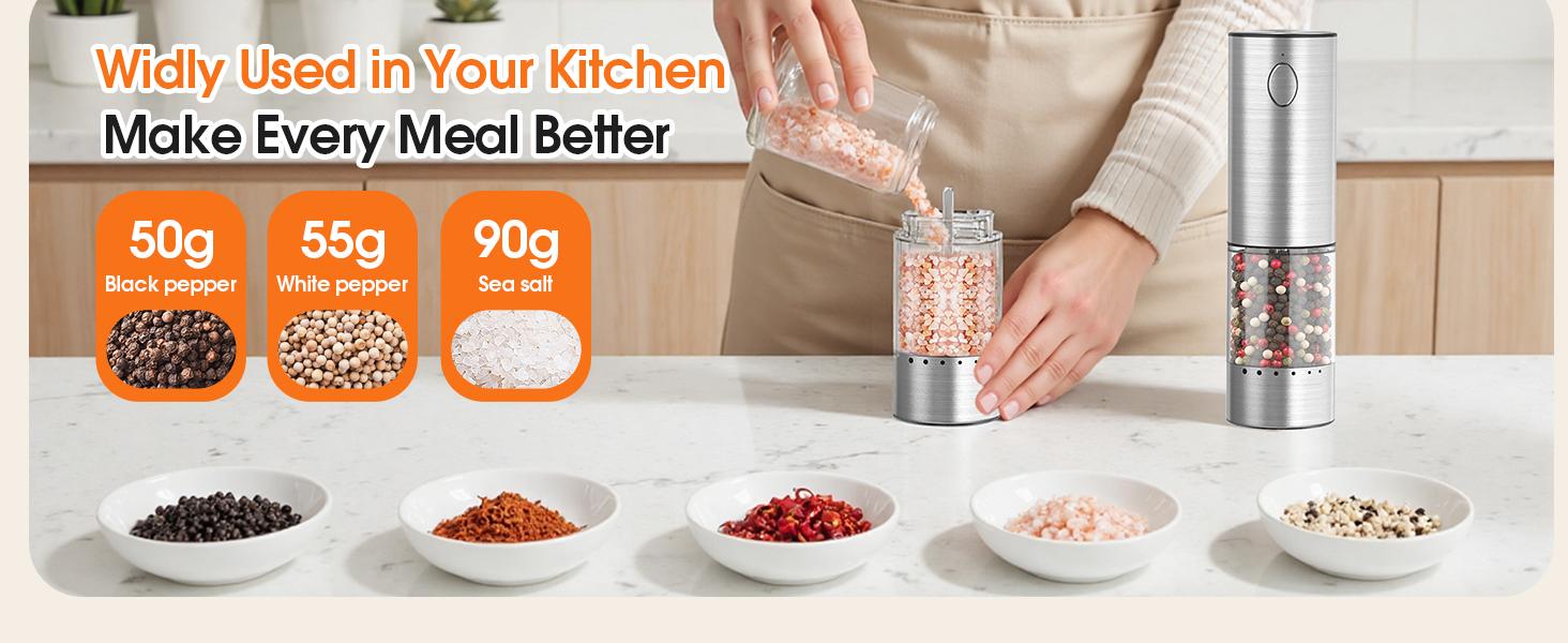 [HOMEHACKS Official]Electric Salt & Pepper Grinder Sets - Rechargeable, Automatic with Adjustable Coarseness (6 Settings) , One-Hand Operated, For Kitchen, Gift